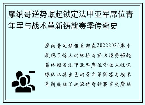 摩纳哥逆势崛起锁定法甲亚军席位青年军与战术革新铸就赛季传奇史