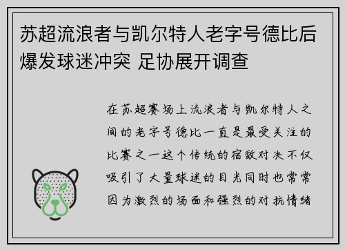 苏超流浪者与凯尔特人老字号德比后爆发球迷冲突 足协展开调查